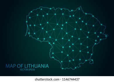 Map of Lithuania - With glowing point and lines scales on The Dark Gradient Background, 3D mesh polygonal network connections. Vector illustration eps10.