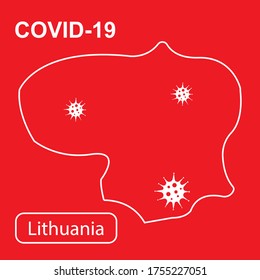 Map of Lithuania labeled "Epidemic and Quarantine COVID-19." White outline map of Lithuania on a red background. Vector illustration of a virus, coronavirus, epidemiology.
