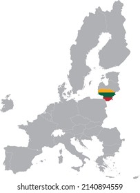 Map of Lithuania with national flag within the gray map of European Union countries