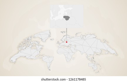 Map of Lithuania with neighbor countries pinned on world map. Abstract triangles World Map.