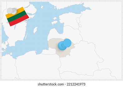 Map of Lithuania with a pinned blue pin. Pinned flag of Lithuania, vector illustration.