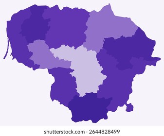 Map of Lithuania with regions. Just a simple country border map with region division. Deep purple color palette. Blank Lithuania shape with administrative division. Vector illustration.