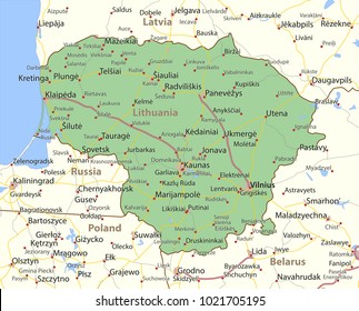 Map of Lithuania. Shows country borders, urban areas, place names and roads. Labels in English where possible.Projection: Mercator.
