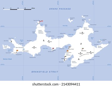 Map of Livingston Island in Antarctica. Research stations. Vector information illustration