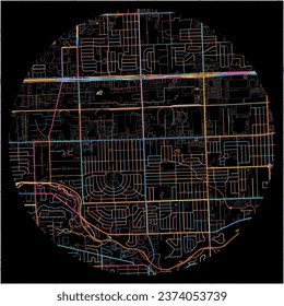 Map of Livonia, Michigan with all major and minor roads, railways and waterways. Colorful line art on black background.