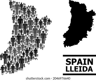 Map of Lleida Province for demographics promotion. Vector demographics mosaic. Abstraction map of Lleida Province composed of people elements. Demographic scheme in dark gray color tinges.