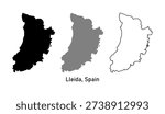 Map of Lleida, a province in Spain. Map with various styles of outlines, black and gray.