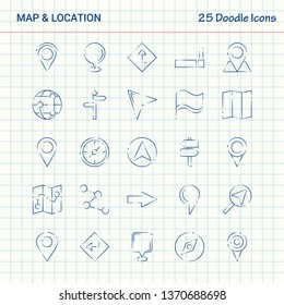 Map and Location 25 Doodle Icons. Hand Drawn Business Icon set