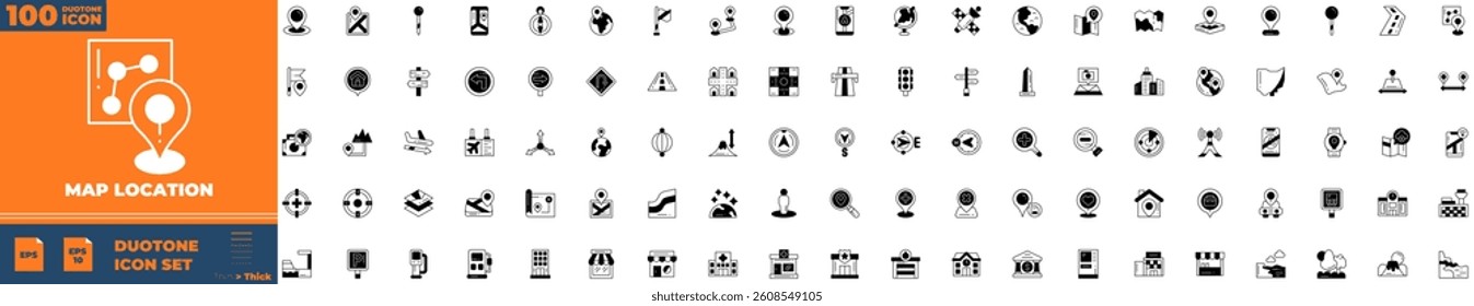 Map Location Duotone Editable Icons set. Vector illustration in modern thin duotone style of Map location icons: map, map pin, gps, destination, directions, etc