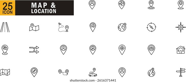 Map and location editable outline icon set. Pin route gps navigation direction travel and more.