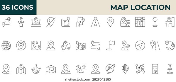 Map Location Editable Stroke Line Icons Set. Navigation, GPS, Route, and Map Pin. Vector Icon Collection	