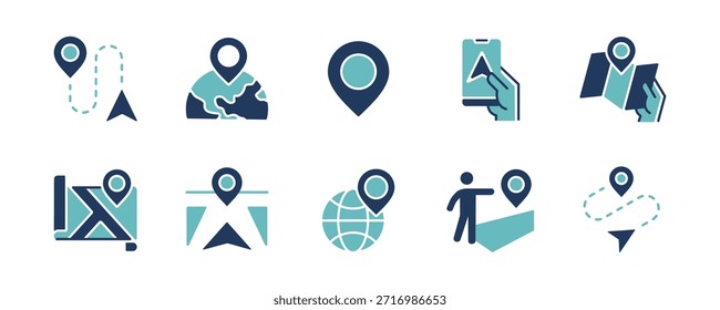 Globaler Navigationszeichensatz für Zuordnungsspeicherort. Gps Ortstafel Navigation Zielführung, Marker, Richtung, Zielpfeil, Reise, Kompass, Geo-Position navigieren Zeigerzeichen Vektorgrafik