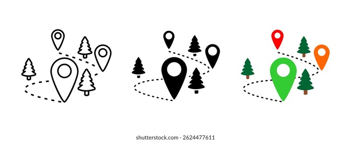 Symbol für Zuordnungsspeicherort. GPS-Route mit farbenfrohen Ortungsnadeln und Kiefern, Vektorgrafik. Navigation durch Waldwege Symbol. Wegweiser für Outdoor-Reisen und Wanderwege. Piktogramm zur Wildnisverfolgung