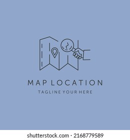 map location icon and magnifying glass line art logo vector symbol illustration design