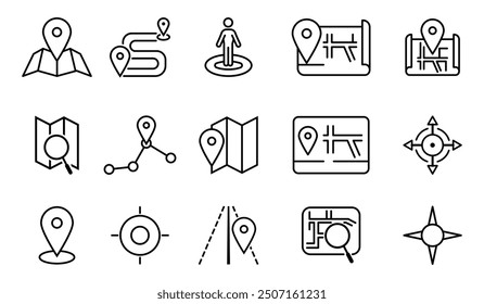 map Location icon set. destination, directions, distance, place, navigation and address icons.  Linear icon collection. Editable stroke. Vector illustration.