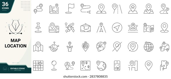 Map location icon set featuring map, location, pin, navigation, route, destination, and GPS. Clean outline style, suitable for travel, navigation, mapping, and location projects. Editable stroke vector illustration.