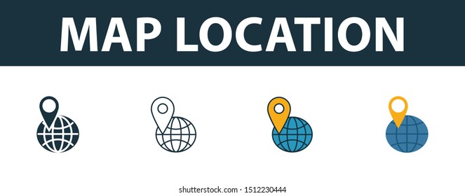 Map Location icon set. Four elements in diferent styles from travel icons collection. Creative map location icons filled, outline, colored and flat symbols.
