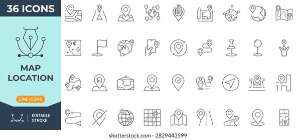 Map location icon set. Modern icon in outline style. Collection of map pin, navigation, GPS, route, and destination symbols. Editable stroke. Vector icon collection.	