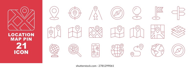 Map and location icon set. Navigation, GPS, direction, travel, route, destination, road, navigator icons. Thin line editable stroke vector illustrations. search pointers, geotags, and address symbols
