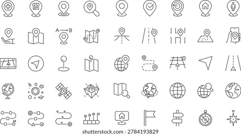 Map and location icon set. Navigation, GPS, direction, travel, route, destination, road, navigator icons. Thin line editable stroke vector 