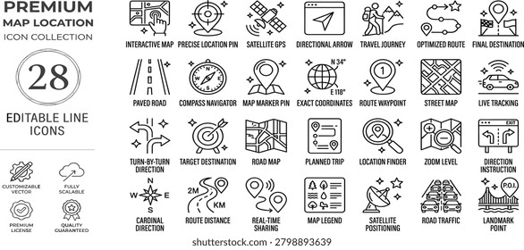 Map and location icon set. Navigation, GPS, direction, travel, route, destination, road, navigator icons. Thin line editable stroke vector illustrations.