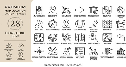 Map and location icon set. Navigation, GPS, direction, travel, route, destination, road, navigator icons. Thin line editable stroke vector illustrations.