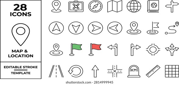 Map and location icon set. Navigation, GPS, direction, travel, route, destination, road, navigator icons. Thin line editable stroke vector illustrations.