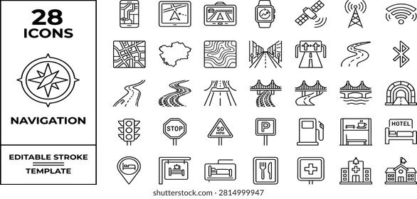 Map and location icon set. Navigation, GPS, direction, travel, route, destination, road, navigator icons. Thin line editable stroke vector illustrations.