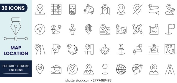 Map location icon set in outline style. Collection of map, location, navigation, pin, route, gps, and destination icons. Editable stroke. Vector icon collection.