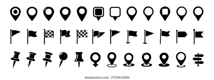 Karte und Standortsymbol mit Stiften, Flaggen und Navigationssymbolen, Vektorgrafik einzeln auf transparentem Hintergrund