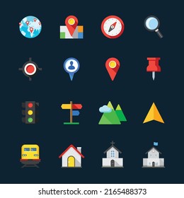 Map and Location Icons with Black Background