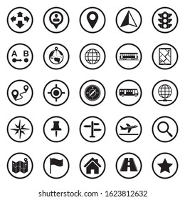 Map And Location Icons. Black Flat Design In Circle. Vector Illustration.