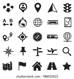 Map And Location Icons. Black Flat Design. Vector Illustration. 