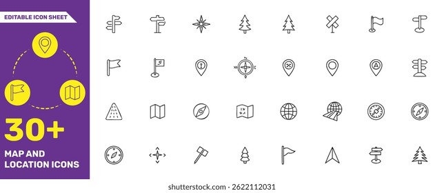 Map and Location Icons Collection - 30+ Editable Line Icons for Navigation, Travel, and Mapping