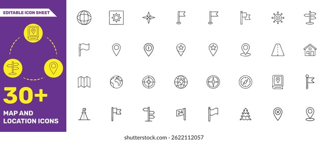 Map and Location Icons Collection - 30+ Editable Line Icons for Navigation, Travel, and Mapping