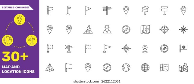 Colección de iconos de mapas y Locaciones: más de 30 iconos de líneas editables para navegación, viajes y mapas