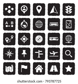 Map And Location Icons. Grunge Black Flat Design. Vector Illustration. 