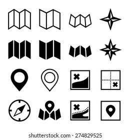 Map and Location Icons on White Background. Vector