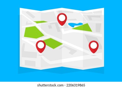 Karte mit den Ortsbildern. Pin-Punkt-Symbol zuordnen. GPS. Ortssymbol. Karte mit Stiften, Vektorgrafik.