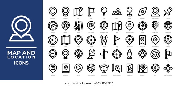 Map and Location icons set collection. Including pins, GPS, navigation, landmarks, and directions. Perfect for travel apps, maps, delivery tracking, and location-based services.