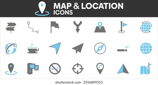 Map and Location Icons Set, Containing All Map and Location Icons Outlines, Vector Illustration Collection Editable eps10
