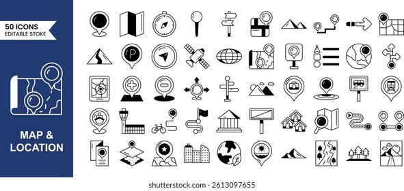Map and Location icons set in duotone style. Containing location, GPS, navigation, route map, direction, pin and more. Vector illustration