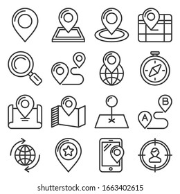 Iconos de mapa y ubicación en fondo blanco. Vector de estilo de línea