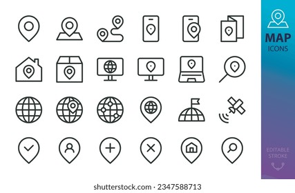 Map and location icons set. Set of map pin, home location, address, tracking mobile app, location search, wrong place, path, way, globe position, satellite geolocation isolated vector icon