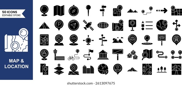 Map and Location icons set in solid style. Containing location, GPS, navigation, route map, direction, pin and more. Vector illustration