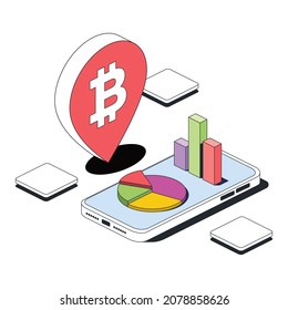 Map location label bitcoin cryptocurrency symbol, charts and diagrams on smartphone screen.Vector 3d sketch line isometric style, color icon illustration. Creative design idea and infographics element