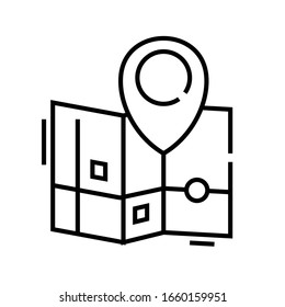 Kartenstandzeilensymbol, Concept-Zeichen, Umriss-Vektorillustration, Linearsymbol.