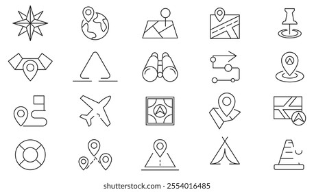 Map and Location line icon set. Maps, logistics, GPS positioning, coordinate grid quadrants, cardinal points, location finder, road junction, highway line icon set. Ui thin line icon pack.