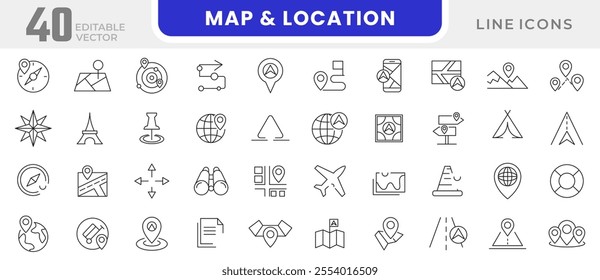 Map and Location line icon set. Maps, logistics, GPS positioning, coordinate grid quadrants, cardinal points, location finder, road junction, highway line icon set. Ui thin line icon pack.