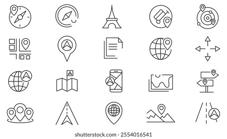 Map and Location line icon set. Maps, logistics, GPS positioning, coordinate grid quadrants, cardinal points, location finder, road junction, highway line icon set. Ui thin line icon pack.